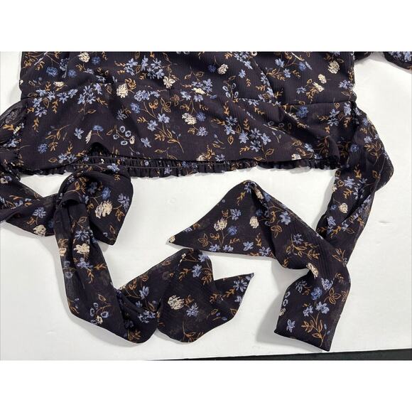 1.State Women Small Blue Floral Chiffon Blouse Top L/S Tie Waist V-neck Career - Picture 9 of 10
